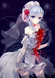 Rule 34 | 1girl, arm at side, asymmetrical hair, bare shoulders, black gloves, blue eyes, blue hair, breasts, cleavage, collarbone, commentary request, dress, flower, gloves, grey thighhighs, hair between eyes, hair flower, hair ornament, hand up, hat, heart, highres, long hair, looking at viewer, medium breasts, parted lips, puracotte, red flower, see-through, single glove, sinoalice, snow white (sinoalice), solo, strapless, strapless dress, thighhighs, white hat