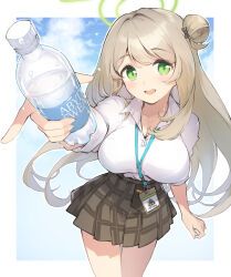 Rule 34 | 1girl, black skirt, blue archive, blush, bottle, breasts, buttons, cleavage, collared shirt, cowboy shot, green eyes, green halo, halo, highres, holding, holding bottle, id card, light brown hair, long hair, looking at viewer, miya kazutomo, nonomi (blue archive), open mouth, pleated skirt, shirt, short sleeves, skirt, smile, solo, sweat, white shirt