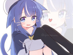 1girl animal_ear_fluff animal_ears artist_name ayanepuna beret black_thighhighs blue_eyes blue_hair blue_hoodie blush cat_ears cat_girl cat_tail commentary dot_nose ears_down hair_ornament hairclip hat highres hood hood_down hoodie long_hair long_sleeves looking_at_viewer multicolored_hair nia_(ayanepuna) open_mouth original sidelocks smile solo streaked_hair tail tareme thighhighs two-tone_hair watermark white_hair white_hat zoom_layer