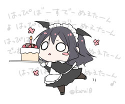 Rule 34 | 1girl, :&lt;, apron, black dress, black footwear, black hair, black pantyhose, black wings, blush stickers, cake, candle, chibi, copyright request, dress, fire, food, fruit, full body, hair between eyes, head wings, holding, holding tray, juliet sleeves, kuroi (liar-player), long hair, long sleeves, maid, maid apron, maid headdress, o o, pantyhose, parted lips, puffy sleeves, shoes, simple background, solo, standing, standing on one leg, strawberry, text background, translation request, tray, triangle mouth, v-shaped eyebrows, very long hair, white apron, white background, wings