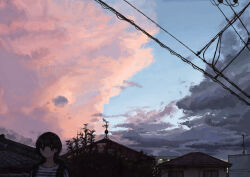 Rule 34 | 1girl, absurdres, black hair, blue sky, building, cloud, cloudy sky, dark clouds, hair behind ear, highres, house, looking at viewer, original, outdoors, pink clouds, power lines, radio antenna, scenery, shade, shirt, short hair, shoulder strap, sky, sky focus, solo, striped clothes, striped shirt, tile roof, tree, twilight, uniunimikan, upper body