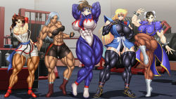 Rule 34 | 5girls, abs, arms up, black hair, black widow (muscle bomber), blonde hair, blue eyes, breasts, brown eyes, brown hair, capcom, character request, chun-li, dark-skinned female, dark skin, fingerless gloves, gloves, highres, large breasts, martial champion, multiple girls, muscle bomber, ponytail, racheal, ren (tainca2000), sega, shorts, skin tight, strapless, street fighter, thick thighs, thighs, tube top, vanessa lewis, virtua fighter, white hair