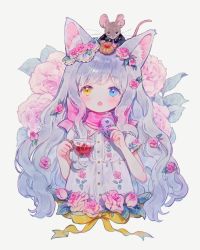 Rule 34 | 1girl, animal, animal ear fluff, animal ears, animal on head, blue eyes, blush, cat ears, cat girl, commentary, conago2, dress, flower, grey hair, hair flower, hair ornament, heterochromia, highres, long hair, mouse (animal), on head, open mouth, original, pink flower, pink scarf, ribbon, rose, scarf, short sleeves, solo, white background, white dress, yellow eyes, yellow ribbon