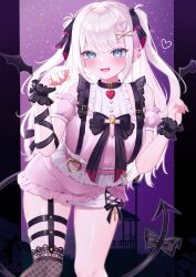 Rule 34 | 1girl, absurdres, akuame (ring3922), black bow, blue eyes, blush, bow, demon tail, demon wings, dress, ear piercing, fangs, hair ornament, heart, heart hair ornament, highres, indie virtual youtuber, long hair, looking at viewer, mini wings, open mouth, over-kneehighs, pendant collar, piercing, pink nails, pointy ears, short dress, single over-kneehigh, single thighhigh, sleeveless, sleeveless dress, solo, tail, tail bow, tail ornament, thigh strap, thighhighs, virtual youtuber, white hair, wings, wrist cuffs, x hair ornament, yumeichi shinoa
