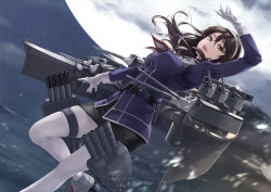 Rule 34 | 10s, 1girl, arm up, ashigara (kancolle), ashigara kai ni (kancolle), breasts, brown eyes, brown hair, cannon, full moon, gloves, hairband, kantai collection, large breasts, long hair, looking at viewer, miniskirt, moon, pantyhose, pencil skirt, rokuwata tomoe, skirt, sky, smile, solo, star (sky), starry sky, turret, uniform, white gloves, white pantyhose
