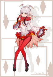 Rule 34 | 10s, 1girl, bad id, bad pixiv id, blunt bangs, character name, feathers, frilled sleeves, frills, full body, head wings, highres, japanese crested ibis (kemono friends), jpeg artifacts, kemono friends, lenka1264504528, long hair, long sleeves, looking at viewer, miniskirt, multicolored hair, open mouth, pantyhose, pleated skirt, red hair, red pantyhose, shirt, skirt, solo, tail, two-tone hair, white hair, white shirt, wide sleeves, wings, yellow eyes