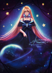 Rule 34 | axsen, blonde hair, blue eyes, blue nails, choker, crystal earrings, earrings, jewelry, long hair, nail polish, necklace, original, pendant, planet, pointy ears, signature, smile, solo, space, star (sky), star (symbol), very long hair, watermark, web address