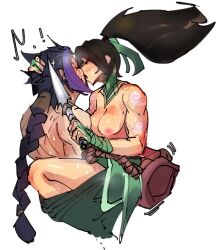 Rule 34 | !, 1boy, 1girl, ^^^, akali, arm tattoo, bandaged arm, bandages, black hair, blush, braid, breasts, brown bag, choker, cloud tattoo, dagger, gloves, green choker, green sash, half-closed eyes, holding, holding dagger, holding knife, holding weapon, implied sex, kayn (league of legends), kiss, knife, kunai, league of legends, medium hair, multicolored hair, muscular, muscular female, muscular male, nipples, non-web source, partially fingerless gloves, ponytail, sash, simple background, single braid, sketch, small breasts, source request, tattoo, weapon, white background