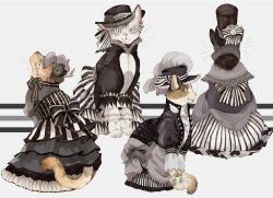 Rule 34 | animal, animal focus, back bow, black hat, black jacket, bow, capelet, cat, clothed animal, clothing cutout, corset, flower, frilled headwear, frilled shirt collar, frilled skirt, frills, from side, full body, green eyes, grey capelet, grey hat, grey skirt, hat, hat bow, hat flower, highres, jacket, lace-trimmed capelet, lace-trimmed sleeves, lace trim, layered skirt, looking at viewer, looking up, no humans, original, sitting, skirt, slit pupils, striped bow, striped clothes, striped skirt, tail, tail through clothes, tonbippo08, top hat, whiskers, white bow, white skirt