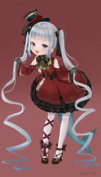 Rule 34 | 1girl, absurdres, black gloves, blue eyes, blue hair, blunt bangs, blush, brown footwear, clover (cloversoya), cosplay, detached sleeves, dress, frilled dress, frills, full body, gawr gura, gloves, gothic lolita, hair ribbon, hat, highres, holding, holding hair, hololive, hololive english, houshou marine, houshou marine (cosplay), leg ribbon, lolita fashion, long hair, looking at viewer, mini hat, mini top hat, open mouth, red background, red dress, ribbon, sharp teeth, simple background, smile, solo, standing, tail, teeth, thighhighs, top hat, twintails, upper teeth only, very long hair, virtual youtuber, white thighhighs