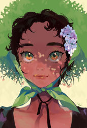 Rule 34 | 1girl, artist name, black hair, brown hair, chin strap, closed mouth, commentary request, eyelashes, flower, flower request, green eyes, green hat, hair flower, hair ornament, hat, hydrangea, korean commentary, light smile, lips, looking at viewer, multicolored eyes, nostrils, orange eyes, original, portrait, rocoa, short hair, signature, solo, sun hat, thick eyebrows, yellow background