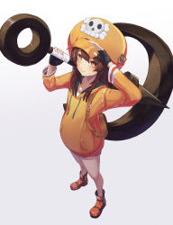 Rule 34 | 1girl, absurdres, anchor, backpack, bag, bike shorts, black gloves, black shorts, boots, brown hair, fingerless gloves, flat chest, fringe trim, from above, full body, gloves, guilty gear, guilty gear strive, hand up, hat, highres, holding, holding weapon, hood, hoodie, huge weapon, long hair, looking at viewer, lusiperble, may (guilty gear), orange eyes, orange footwear, orange hat, orange hoodie, pirate hat, shorts, skull and crossbones, solo, standing, weapon, white background