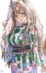 Rule 34 | 1girl, :o, alternate costume, animal ears, blush, braid, breasts, brown eyes, brown hair, cloud, ear ornament, floral print, hair between eyes, hair ornament, half updo, hand fan, hand up, highres, holding, holding fan, horse ears, horse girl, horse tail, japanese clothes, kimono, large breasts, long hair, long sleeves, looking at viewer, obi, open mouth, outside border, paper fan, print kimono, sash, satono diamond (umamusume), saya (mychristian2), signature, simple background, solo, standing, striped clothes, striped kimono, sweat, tail, uchiwa, umamusume, vertical-striped clothes, vertical-striped kimono, very long hair, white background