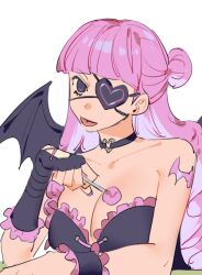 Rule 34 | 1girl, arm tattoo, bat tattoo, bat wings, black choker, blunt bangs, candy, choker, commentary, dress, drill hair, elbow gloves, eyepatch, food, frilled dress, frilled wristband, frills, gloves, hair bun, half updo, heart, heart eyepatch, lollipop, long hair, looking at viewer, one piece, perona, pink hair, raine (acke2445), simple background, single glove, sitting, solo, strapless, strapless dress, symbol-only commentary, tattoo, tongue, tongue out, white background, wings