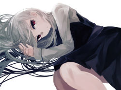 Rule 34 | 1girl, albino, black dress, closed mouth, dress, empty eyes, expressionless, grey hair, highres, long hair, long sleeves, looking at viewer, lying, ogami ren, on side, original, red eyes, simple background, solo, very long hair, white background