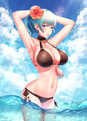 Rule 34 | 1girl, absurdres, adjusting hair, armpits, bikini, black bikini, blue eyes, blue hair, blush, breasts, byleth (female) (fire emblem), byleth (female) (summer) (fire emblem), byleth (fire emblem), cleavage, fire emblem, fire emblem: three houses, halterneck, highres, large breasts, navel, nintendo, ocean, official alternate costume, partially submerged, partially underwater shot, parupome, ponytail, solo, swimsuit, underwater, wading, wet
