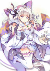 Rule 34 | 10s, 1girl, bare shoulders, blurry, boots, braid, collar, creature, dango remi, depth of field, dress, elf, emilia (re:zero), eyebrows, french braid, frilled sleeves, frills, full body, hair ribbon, highres, jewelry, long hair, looking at viewer, pack (re:zero), parted lips, patterned clothing, pointy ears, puck (re:zero), purple eyes, re:zero kara hajimeru isekai seikatsu, ribbon, silver hair, simple background, thigh boots, thighhighs, very long hair, white dress, white footwear, white thighhighs, wide sleeves, zettai ryouiki