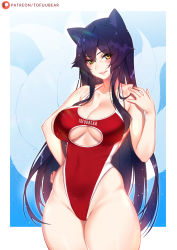 Rule 34 | 1girl, ahri (league of legends), animal ears, artist name, bare arms, black hair, blush, breasts, center opening, cleavage, clothes writing, covered navel, cowboy shot, fox ears, fox girl, groin, hand on own hip, highleg, large breasts, league of legends, looking at viewer, one-piece swimsuit, red one-piece swimsuit, slit pupils, smile, solo, swimsuit, tofuubear, yellow eyes
