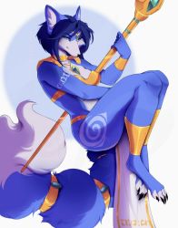 Rule 34 | 1girl, animal ears, artist name, ass, blue fur, blue hair, breasts, circlet, claws, collar, dark blue hair, fox ears, fox girl, fox tail, furry, furry female, green eyes, highres, holding, holding weapon, jewelry, krystal, looking at viewer, necklace, nintendo, polearm, short hair, smile, star fox, tail, tiara, two-tone fur, vexstacy, weapon, white fur