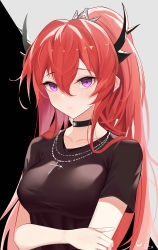 Rule 34 | 1girl, absurdres, arknights, black background, black choker, black shirt, blush, breasts, choker, closed mouth, collarbone, cross, cross necklace, expressionless, glint, hair between eyes, hand on own arm, highres, horns, impossible clothes, impossible shirt, jewelry, long hair, looking at viewer, medium breasts, necklace, official alternate costume, ponytail, purple eyes, red hair, shirt, short sleeves, signature, solo, surtr (arknights), surtr (liberte echec) (arknights), two-tone background, upper body, very long hair, white background, zim-o (2cy520)