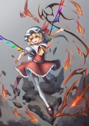 Rule 34 | absurdres, ascot, bad id, bad pixiv id, bat wings, blonde hair, bow, crystal, ekamachiko, fangs, fire, flandre scarlet, floating, floating object, frilled shirt collar, frilled skirt, frills, full body, grey background, hat, hat ribbon, highres, laevatein, mary janes, medium hair, mob cap, puffy short sleeves, puffy sleeves, red bow, red eyes, red footwear, red ribbon, red skirt, red vest, ribbon, rock, shirt, shoes, short sleeves, side ponytail, skirt, skirt set, touhou, vest, white legwear, white shirt, wings, yellow ascot