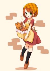 Rule 34 | 1girl, apron, baguette, basket, black socks, blush, bread, brown footwear, brown hair, commentary request, food, full body, green eyes, hair ornament, hairclip, head scarf, highres, holding, inon, kneehighs, loafers, looking at viewer, notice lines, open mouth, original, plaid, shoes, short hair, short sleeves, socks, solo, standing, standing on one leg, yellow apron