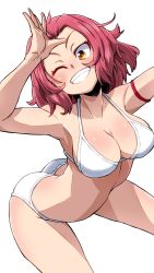 Rule 34 | 1girl, aono3, arched back, ass, bikini, breasts, cleavage, girls und panzer, girls und panzer gekijouban, grin, highres, looking at viewer, medium breasts, medium hair, midriff, red hair, rosehip (girls und panzer), short hair, simple background, skindentation, smile, solo, standing, string bikini, swimsuit, white background, white bikini, yellow eyes