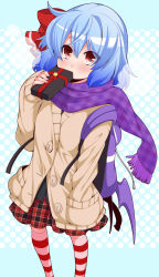 Rule 34 | 1girl, alternate costume, backpack, bag, bat wings, blue hair, blush, bow, breath, buttons, cardigan, casual, contemporary, covered mouth, eichi yuu, gift, hair between eyes, hair bow, hand in pocket, highres, holding, kneehighs, long sleeves, looking at viewer, looking up, miniskirt, no headwear, plaid, plaid skirt, purple bag, purple scarf, red bow, red eyes, red skirt, remilia scarlet, scarf, simple background, skirt, sleeves past wrists, socks, solo, striped clothes, striped socks, touhou, wings