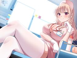 Rule 34 | 1girl, absurdres, arm under breasts, blush, breasts, brown hair, cleavage, closed mouth, crossed legs, dress, gloves, hat, highres, indoors, infirmary, large breasts, long hair, looking at viewer, name tag, non-web source, nurse, nurse cap, open clothes, open shirt, original, pink dress, red eyes, siokazunoko, sitting, smile, solo, thighhighs, white gloves, white thighhighs, zipper