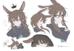 Rule 34 | ..., 1girl, 1other, :&lt;, :d, amiya (arknights), animal ear fluff, animal ears, arknights, artist name, black coat, blue eyes, brown hair, chibi, chibi inset, closed eyes, closed mouth, coat, cropped torso, crown, dated, doctor (arknights), hair over one eye, heart, highres, long hair, looking at viewer, lying, material growth, multiple views, on stomach, open clothes, open coat, open mouth, oripathy lesion (arknights), ponytail, rabbit ears, rabbit girl, rabbit tail, sidelocks, sideways mouth, signature, simple background, smile, speech bubble, spoken ellipsis, spoken heart, tail, upper body, v-shaped eyebrows, white background, yufeng kaete
