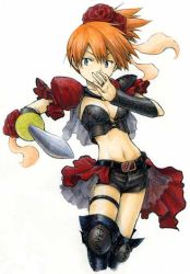 Rule 34 | 1girl, alternate costume, blue eyes, boots, creatures (company), flower, frills, game freak, gym leader, legband, midriff, misty (pokemon), nintendo, pokemon, red hair, rose, shorts, solo, sword, thigh boots, thigh strap, thighhighs, weapon