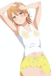 Rule 34 | 1girl, armpits, arms up, bare arms, bare shoulders, blonde hair, bra visible through clothes, breasts, closed mouth, collarbone, isshiki iroha, looking at viewer, lying, medium breasts, navel, on back, shirt, shorts, shou937, simple background, small breasts, solo, t-shirt, white background, white shirt, yahari ore no seishun lovecome wa machigatteiru., yellow eyes, yellow shorts