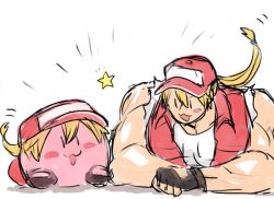 Rule 34 | 1boy, :3, baseball cap, blonde hair, blush stickers, colored skin, copy ability, fatal fury, fingerless gloves, gloves, hat, jacket, kirby, kirby (series), looking at another, lying, muscular, muscular male, nintendo, pink skin, red jacket, smile, star (symbol), super smash bros., terry bogard, the king of fighters