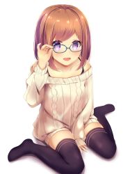 Rule 34 | 1girl, adjusting eyewear, amane 1906, arm support, black thighhighs, blue-framed eyewear, blush, bra strap, brown hair, collarbone, commentary request, double horizontal stripe, dress, full body, glasses, hair ornament, hairclip, highres, light blush, looking at viewer, medium hair, off-shoulder, off-shoulder sweater, off shoulder, open mouth, original, print thighhighs, purple eyes, shadow, simple background, sitting, smile, solo, sweater, sweater dress, thighhighs, wariza, white background, zettai ryouiki