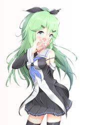 Rule 34 | 10s, 1girl, blue eyes, blush, box, commentary request, covering own mouth, detached sleeves, gift, gift box, green hair, hair ornament, hair ribbon, hairclip, highres, holding, kantai collection, leaning forward, long hair, looking at viewer, mochiyuki, pleated skirt, ribbon, school uniform, serafuku, simple background, skirt, solo, sora (kari), thighhighs, valentine, white background, yamakaze (kancolle), zettai ryouiki