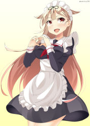 Rule 34 | 10s, 1girl, alternate costume, apron, bad id, bad pixiv id, blonde hair, commentary request, enmaided, eyebrows, gradient background, hair flaps, hair ornament, hairclip, happy birthday, heart, heart background, heart hands, kankitsunabe (citrus), kantai collection, long hair, looking at viewer, maid, maid apron, maid headdress, one-hour drawing challenge, open mouth, red eyes, ribbon, simple background, solo, twitter username, waist apron, yuudachi (kancolle), yuudachi kai ni (kancolle)