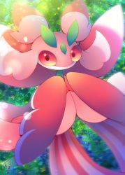 Rule 34 | antennae, black eyes, blurry, bug, butterfly, colored sclera, creatures (company), game freak, gen 7 pokemon, green background, highres, bug, looking at viewer, lurantis, muuran, nintendo, no humans, no mouth, orchid mantis, pokemon, pokemon (creature), praying mantis, red sclera, signature, smile, solo, standing, striped