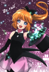 Rule 34 | 1girl, 2019, :d, black bow, black gloves, black pantyhose, blue eyes, bow, brown hair, character name, cowboy shot, dated, elbow gloves, floating hair, gloves, hair bow, highres, kaitou saint tail, long hair, looking at viewer, luxunshangxiang, miniskirt, open mouth, pantyhose, pink skirt, saint tail, skirt, sleeveless, smile, solo, standing