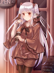 Rule 34 | 1girl, :o, absurdres, alternate costume, animal, animal on hand, animal on shoulder, bag, bell mccamp (warship girls r), bird, bird on hand, bird on shoulder, black bow, black ribbon, blush, bow, breasts, brown coat, brown pantyhose, brown shorts, brown theme, buttons, clothed animal, coat, coffee, cowboy shot, cup, disposable cup, door, double-breasted, essex (warship girls r), eyebrows, hair between eyes, hair ornament, hair scrunchie, handbag, highres, holding, hood, hood down, large breasts, long hair, long sleeves, looking at viewer, menu board, outdoors, pantyhose, red eyes, ribbed sweater, ribbon, scrunchie, shop, shorts, silver hair, solo, sweater, turtleneck, two side up, very long hair, warship girls r, wide sleeves, zhou yu (ppaaqz1995)