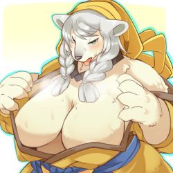 Rule 34 | 1girl, bear, breasts, character request, furry, furry female, green eyes, grey hair, large breasts, long hair, polar bear, rorie, solo, sweat, tongue, wander crown