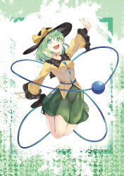 Rule 34 | 1girl, :d, absurdres, arm behind back, arm up, bare legs, blouse, bow, breasts, buttons, diamond button, frilled sleeves, frills, full body, green eyes, green hair, green skirt, hair between eyes, hat, hat bow, highres, komeiji koishi, legs folded, legs together, long sleeves, looking at viewer, medium hair, midair, miniskirt, open mouth, rice (okome no naru ki), shirt, skirt, small breasts, smile, solo, touhou, wide sleeves, yellow bow, yellow shirt