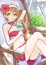 Rule 34 | 10s, 1girl, adjusting hair, arm up, bikini, blush, breasts, brown hair, cocktail, criss-cross halter, drinking, drinking straw, female focus, flower, hair flower, hair ornament, halterneck, halterneck, hibiscus, kaguyuzu, kantai collection, large breasts, crossed legs, littorio (kancolle), looking at viewer, red bikini, sarong, sitting, sketch, solo, swimsuit, wavy hair