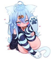 Rule 34 | 1girl, ahoge, animal ear fluff, animal ears, antenna hair, ass, bell, black sleeves, black sweater, blue eyes, blue hair, blush, blush stickers, cat ears, cat girl, cat tail, collar, detached sleeves, fish hair ornament, hair ornament, hairclip, hand on own thigh, heart, highres, itsukarine, jingle bell, leg up, legs, long hair, looking at viewer, nail polish, neck bell, no pants, original, sitting, slippers, solo, striped clothes, striped thighhighs, sweater, tail, thighhighs, thighs, white footwear