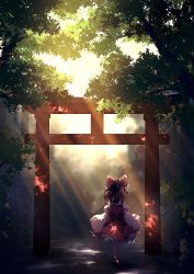 Rule 34 | 1girl, bow, brown hair, cloud, cloudy sky, commentary, detached sleeves, dise (psychoro), dress, forest, from behind, full body, hair bow, hakurei reimu, highres, light rays, long sleeves, medium hair, nature, nontraditional miko, red bow, red dress, red skirt, scenery, shadow, skirt, sky, solo, sunbeam, sunlight, torii, touhou, tree, wide shot, wide sleeves