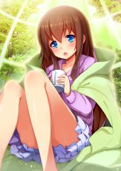 Rule 34 | 1girl, blue eyes, brown hair, collarbone, cup, frilled skirt, frills, highres, holding, holding cup, long hair, nerv110, original, shiny skin, sitting, skirt, solo