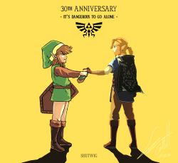 Rule 34 | 2boys, anniversary, artist name, blonde hair, boots, brown footwear, dated, dual persona, earrings, english text, from behind, highres, holding, holding weapon, jewelry, knee boots, link, multiple boys, nintendo, pointy ears, shield, signature, simple background, sword, the legend of zelda, the legend of zelda: breath of the wild, the legend of zelda (nes), time paradox, tunic, weapon, yellow background