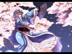 Rule 34 | 1girl, blue dress, blue sky, breasts, cherry blossoms, dress, dual wielding, hand fan, female focus, hat, holding, huge breasts, japanese clothes, kimono, letterboxed, outstretched arm, petals, pink eyes, pink hair, saigyouji yuyuko, sash, sky, solo, tobisawa, touhou, tree, wallpaper