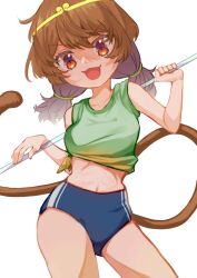 Rule 34 | 1girl, :d, bare shoulders, blue buruma, breasts, brown eyes, brown hair, buruma, circlet, commentary, cowboy shot, duplicate, green shirt, holding, holding pole, medium breasts, midriff, monkey girl, monkey tail, navel, open mouth, pole, rishita, shirt, simple background, sleeveless, sleeveless shirt, smile, solo, son biten, stomach, symbol-only commentary, tail, touhou, twintails, white background