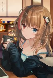 Rule 34 | 1girl, absurdres, bakery, bare shoulders, basket, blue eyes, blue jacket, blue shirt, brown hair, cake, closed mouth, collarbone, commentary request, cookie, cup, food, fur-trimmed jacket, fur trim, girls&#039; frontline, heterochromia, highres, holding, holding cup, hot chocolate, indoors, jacket, looking at viewer, marshmallow, mk23 (girls&#039; frontline), mug, multicolored hair, nail polish, off-shoulder jacket, off shoulder, one side up, penguin hair ornament, red eyes, red nails, shirt, shop, sleeveless, sleeveless shirt, sleeves past wrists, solo, spaghetti strap, streaked hair, upper body