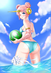 Rule 34 | 1girl, absurdres, arm wrap, artist request, ass, bandaged arm, bandages, bare shoulders, bikini, blue eyes, blush, breasts, cameltoe, double bun, fate/grand order, fate (series), food, frankenstein&#039;s monster (fate), frankenstein&#039;s monster (fate/grand order) (swimsuit saber) (fate), frankenstein&#039;s monster (swimsuit saber) (fate), frankenstein&#039;s monster (swimsuit saber) (second ascension) (fate), from behind, fruit, hair bun, hair ornament, hair over one eye, hairclip, highres, horns, looking at viewer, looking back, medium breasts, open mouth, parted lips, pink hair, shiny skin, sideboob, single horn, solo, swimsuit, thigh strap, water, watermelon